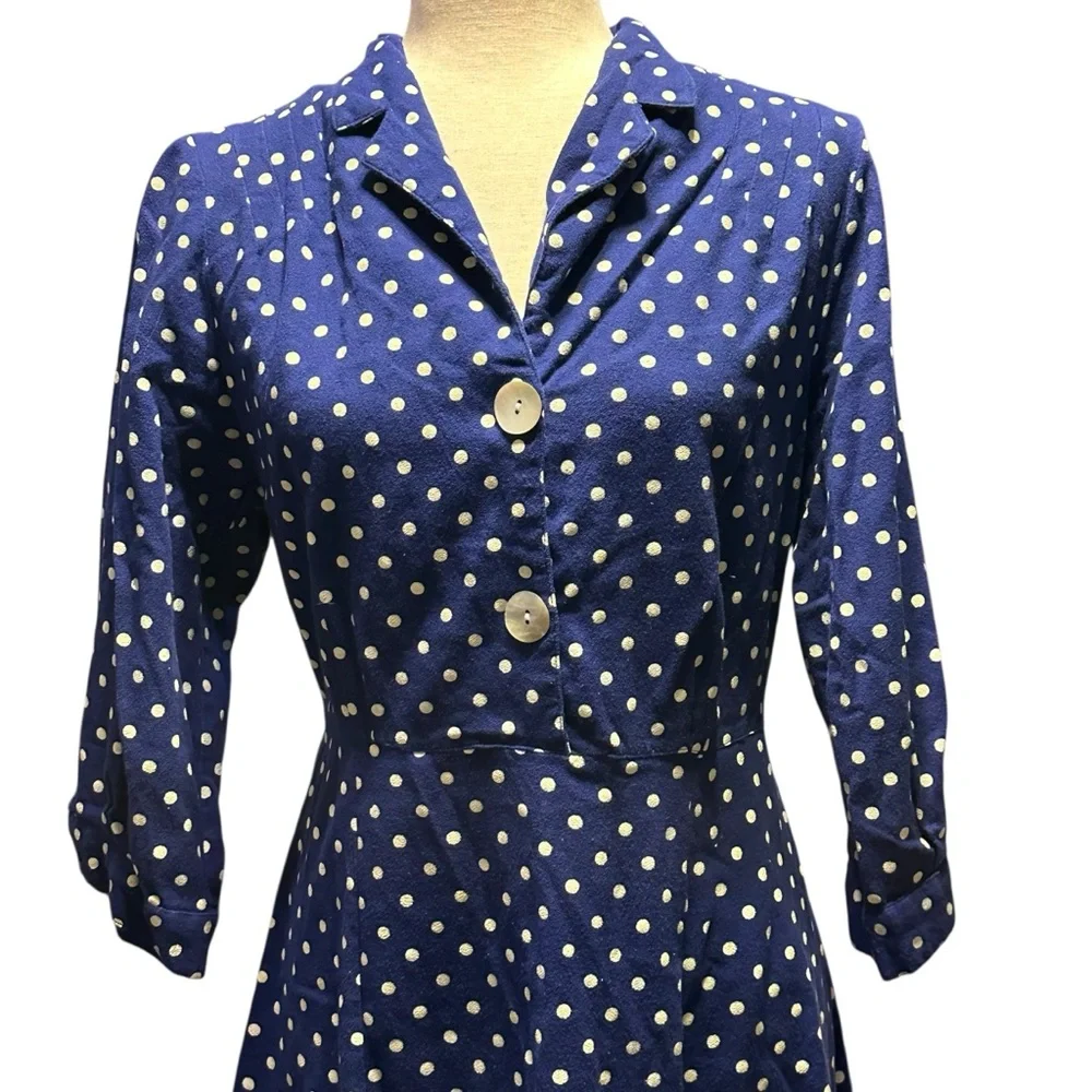 April Cornell Blue White Polka Dot Midi Dress Tie Waist 100% Cotton Large India - Picture 2 of 13